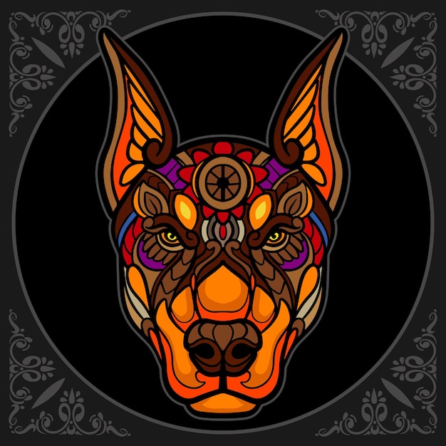 Colorful Dog head zentangle arts isolated on black background