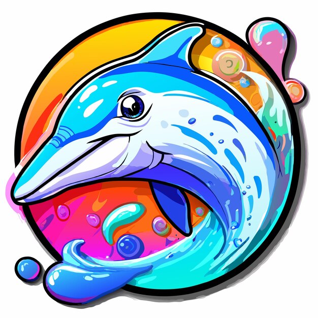 Vector colorful dolphin hand drawn flat stylish cartoon sticker icon concept isolated illustration