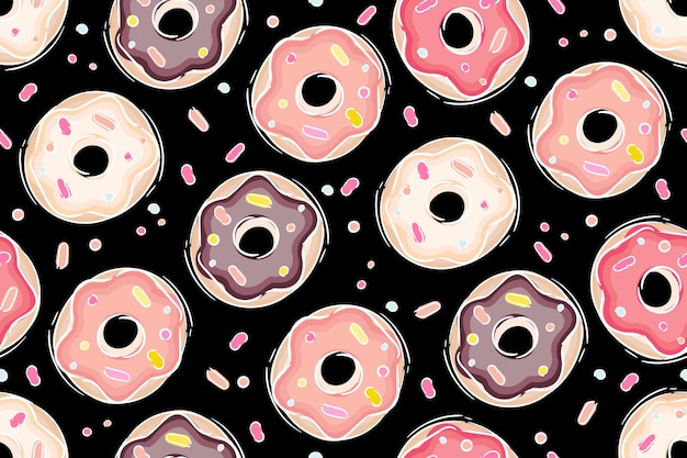 Colorful donuts endless seamless pattern isolated on black sweets background Watercolor illustration