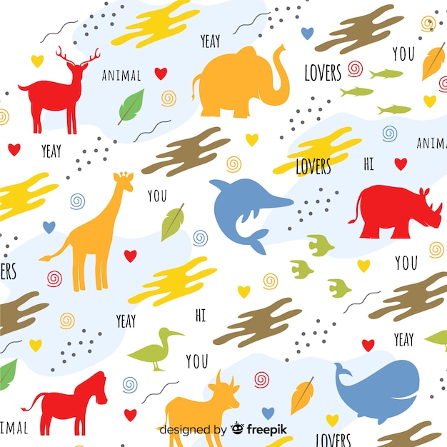 Vector colorful doodle animals silhouettes and words pattern