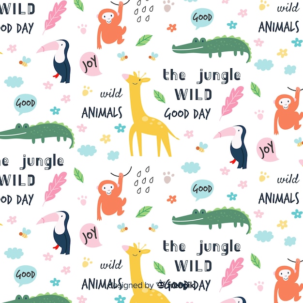 Vector colorful doodle animals and words pattern