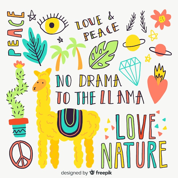 Colorful doodle animals and words pattern