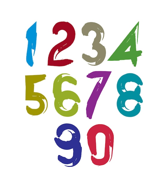 Colorful doodle brush numbers, hand-painted bright vector numeration.