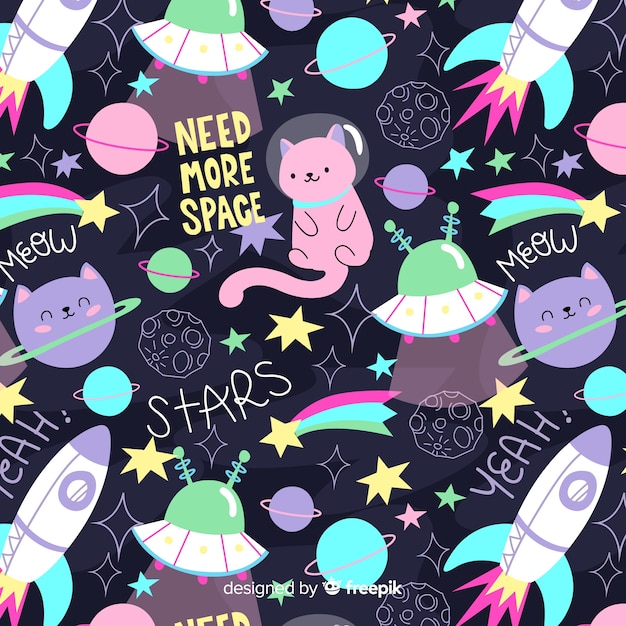 공간과 단어 패턴에서 다채로운 낙서 고양이