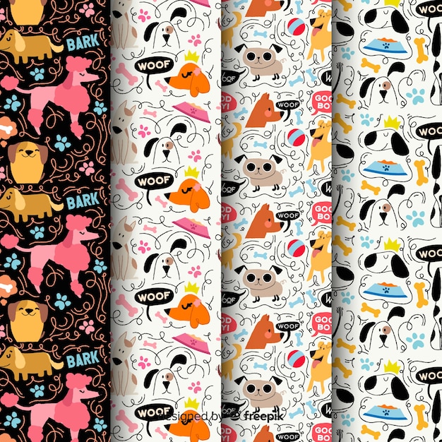 다채로운 낙서 개와 단어 패턴 팩