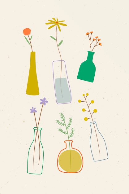 Vector colorful doodle flowers in vases on beige background vector