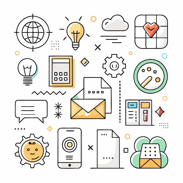 Colorful doodle icons of business ideas strategy and marketing