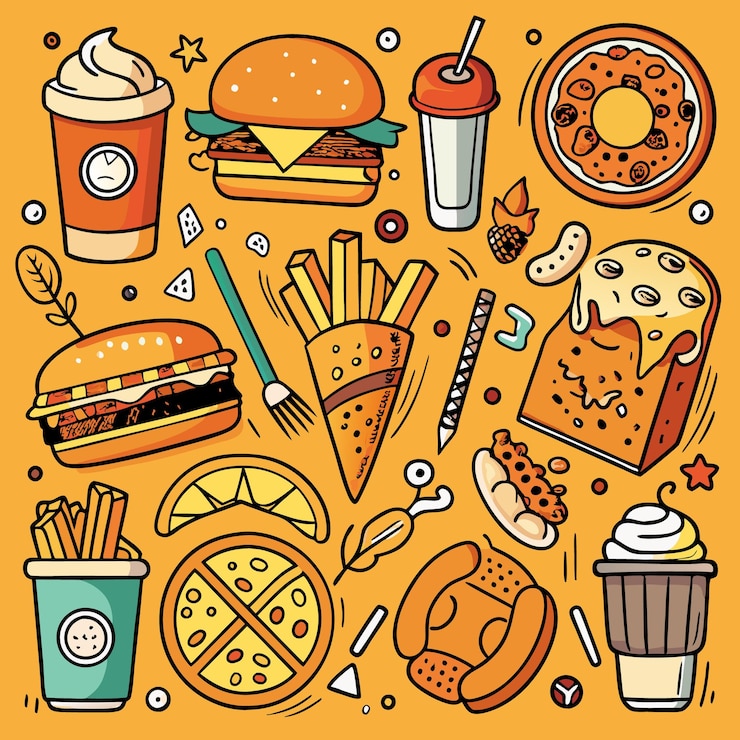 Vector colorful doodle illustration with fast food coffee and pizza on a yellow background