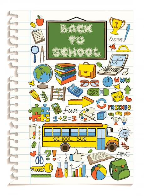 Colorful doodle school icons set.