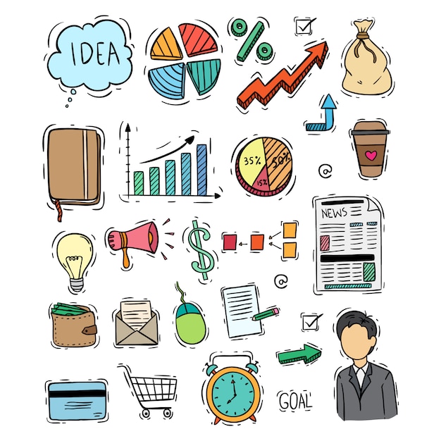 Colorful doodle style of business icons colection on white background