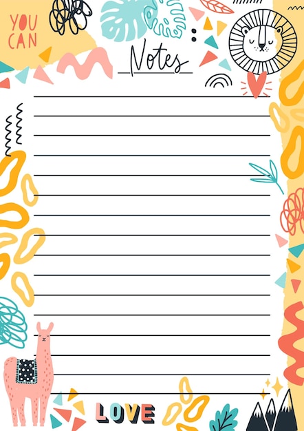 Vector colorful doodle template for notes vector flat illustration. hand drawn planner with place for text and motivational phrases. list of tasks, organizer or event reminder decorated by design elements.