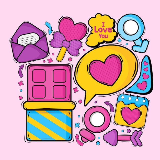 Raccolta di elementi di san valentino doodle colorato