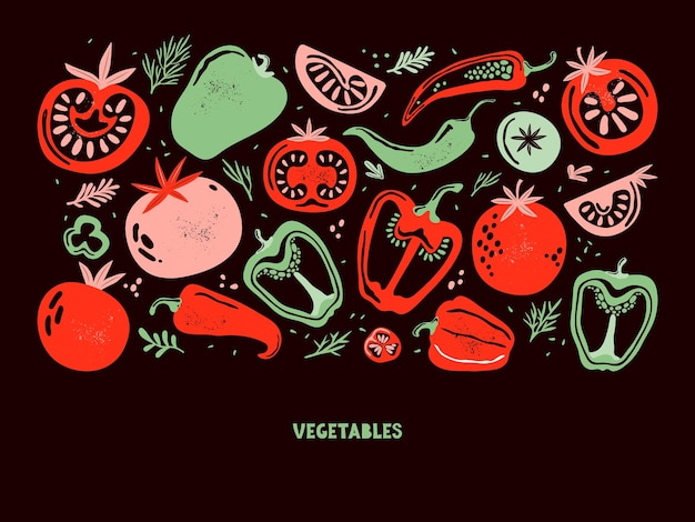 黒の背景にカラフルな落書き野菜赤と緑の唐辛子唐辛子トマトハラペーニョパプリカ野菜を半分にカット手描きベクトル水平バナーイラストポスター