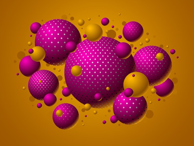 Sfere colorate punteggiate illustrazione vettoriale, sfondo astratto con belle palline con puntini, globi 3d design concept art.