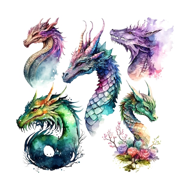 Colorful dragon set with wings isolated on white background Watercolor Illustration Template Sketch Handmade Clip art