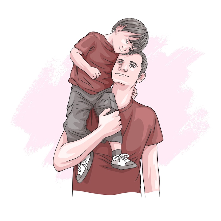 Vector colorful drawing of fathers hand holding his son for fathers day