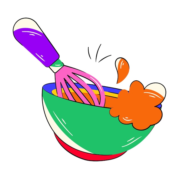 A colorful drawing of a mixing bowl with a whisk and eggs.