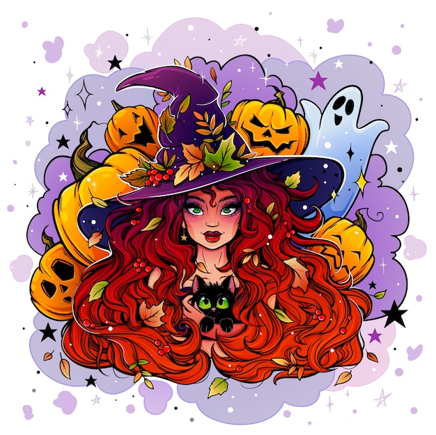 colorful drawing of a witch girl in a witch hat