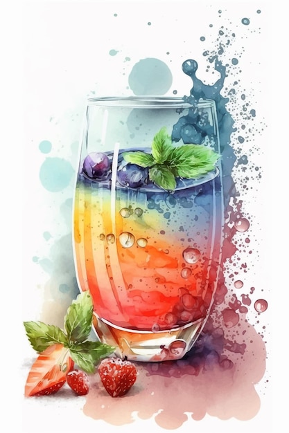 A colorful drink with a blueberry and mint leaves.