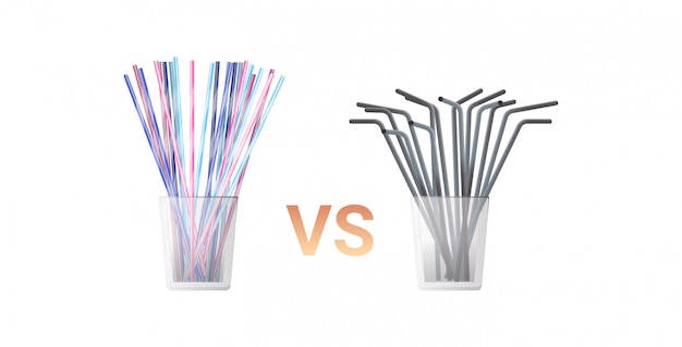 Colorful drinking plastic disposable vs metal straws in glass zero waste concept flat white background horizontal  illustration