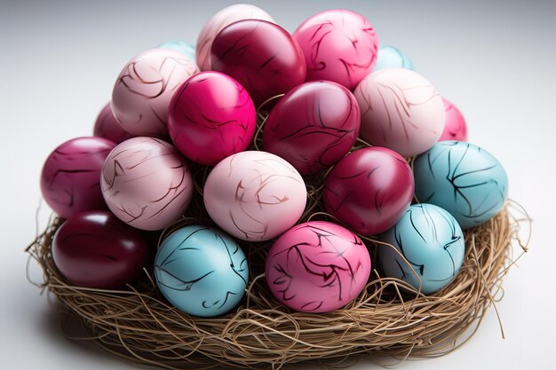 colorful dyed Easter eggs snuggle in a birds nest