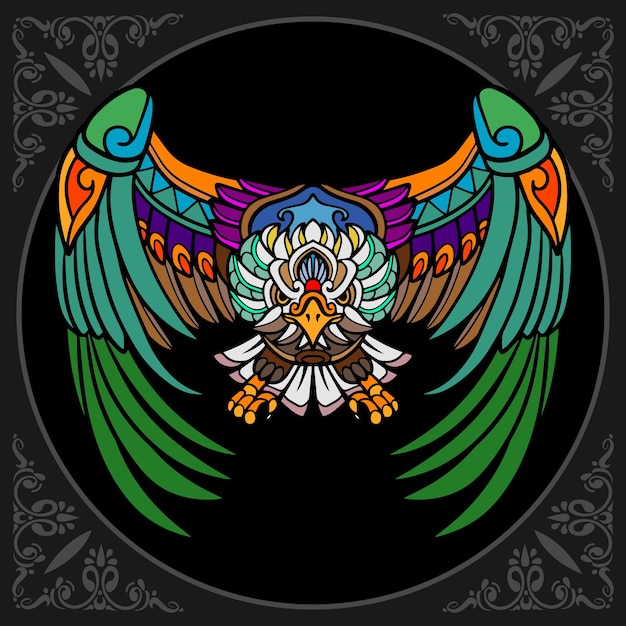 Vector colorful eagle zentangle arts isolated on black background