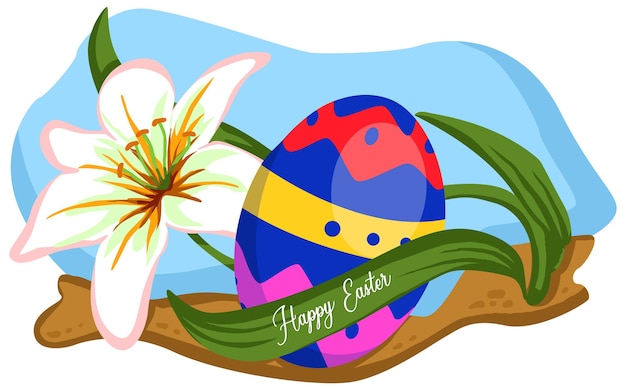 A colorful easter egg sits on a flower with the word happy easter on it.