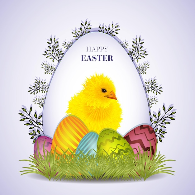 Colorful Easter eggs and flowers Vector illustration Chick