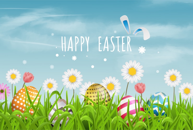 Colorful Easter eggs line and spring flowers in grass with beautiful sky. Happy Easter