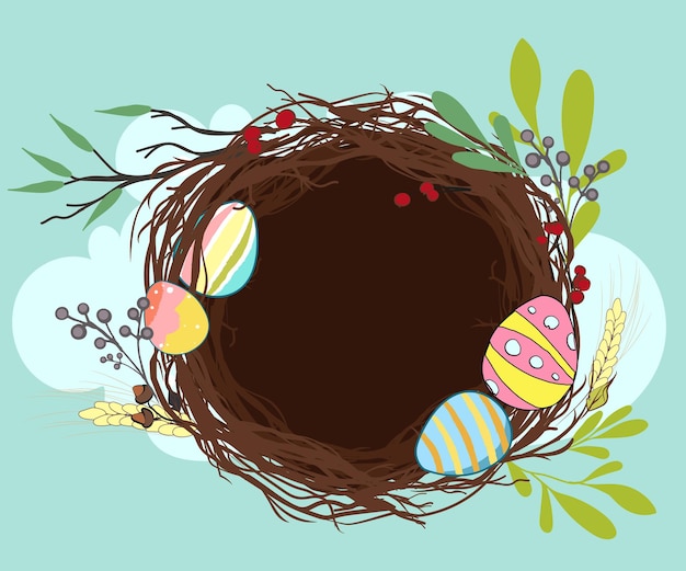 Vector a colorful easter nest with eggs and berries in the sky