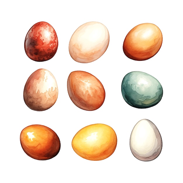 Colorful eggs set watercolor in retro style on whitebackground