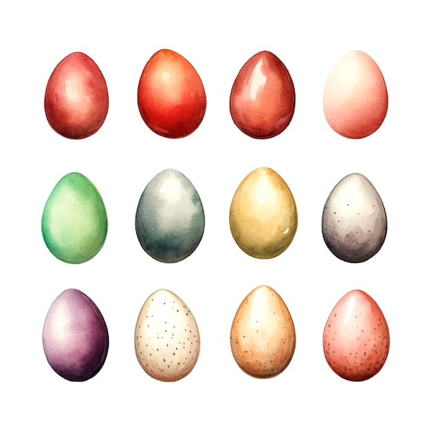 Colorful eggs set watercolor in retro style on whitebackground