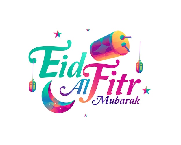 Vector colorful eid al fitr background with bedug decorations crescent moon stars lanterns