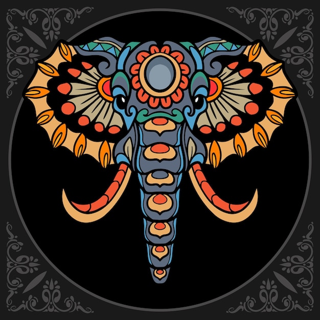 검은 배경에 고립 된 다채로운 코끼리 zentangle 예술