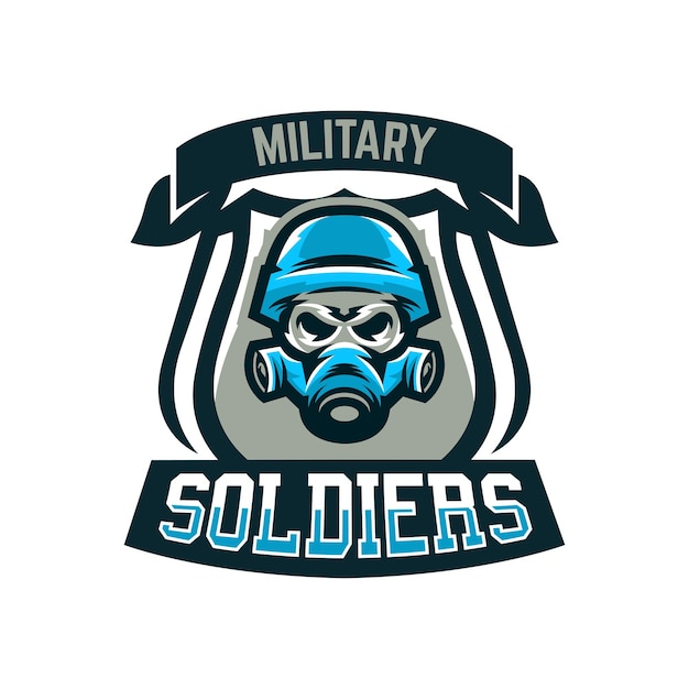 Colorful emblem logo military skull in helmet and gas mask Military actions conflict war soldier warrior sport shield Vector illustration isolated objects