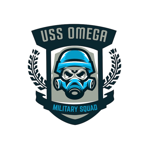 Logo emblema colorato cranio militare in casco e maschera a gas azioni militari conflitto guerra soldato guerriero scudo sportivo illustrazione vettoriale oggetti isolati