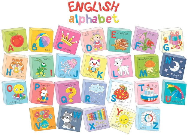 Colorful English alphabet cubes for little kids with funny animals toys plants and home things