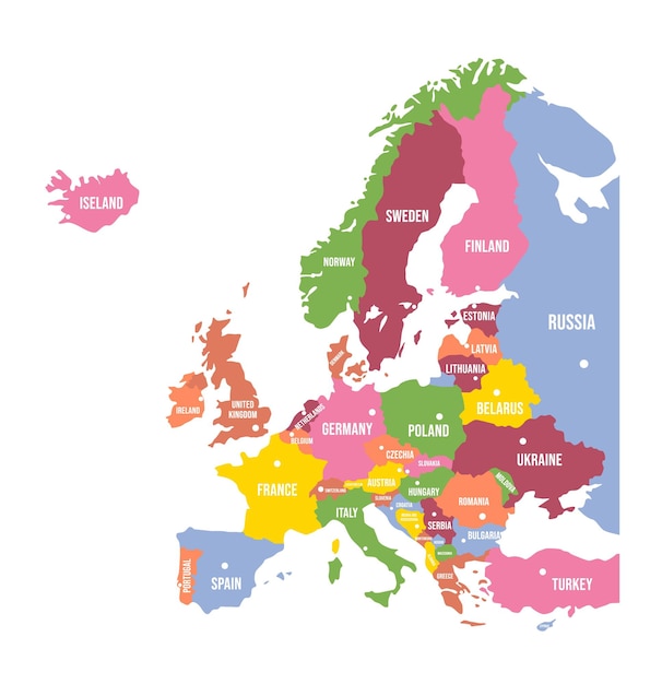 ベクトル カラフルなヨーロッパ地図国と国境首都ベクトル図とヨーロッパ大陸の政治地図地図作成の概念プレゼンテーションのための異なるカラフルな国の境界
