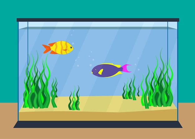 Вектор Красочные экзотические рыбы в аквариуме с водорослями и песком на дне векторная иллюстрация плоская