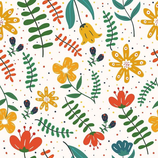 Colorful exotic leaves and flowers seamless pattern