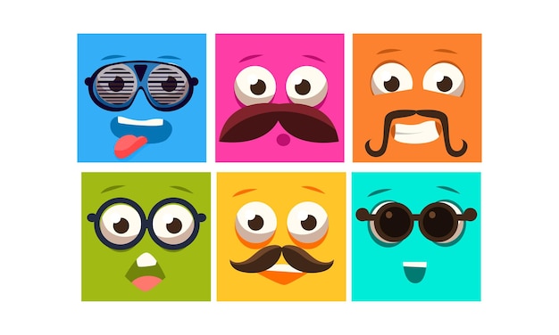 Vector colorful faces with different emotions set square emoticons emoji vector illustration isolated on a white background