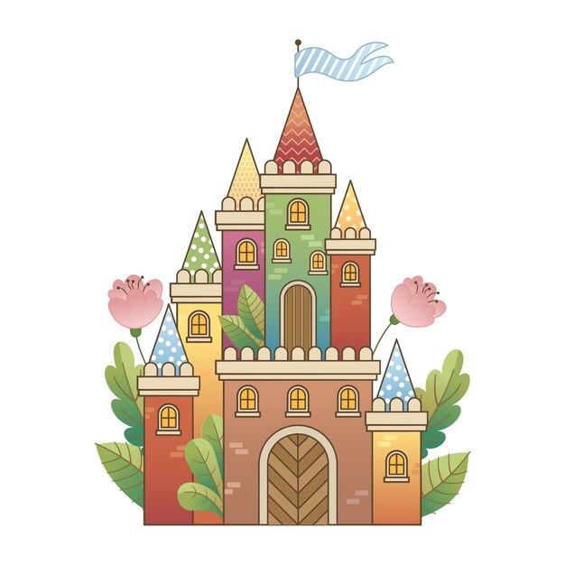 Colorful fairy tale castle cute cartoon style isolated on white background