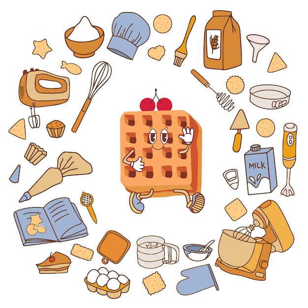 Colorful fashionable baking accessories hand drawn Set of kitchen utensils for cooking in doodle style on white background Vector