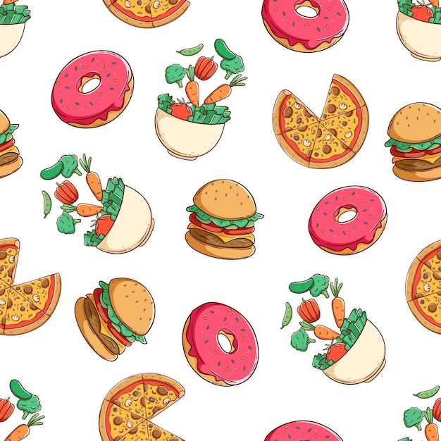 Vector colorful fast food hand draw in seamless pattern