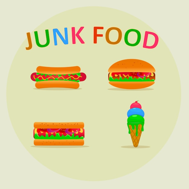 Colorful fast food vector set hot dog burger sandwich and ice cream