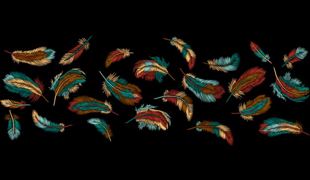 カラフルな羽の刺繍シームレスなボーダーストライプ、自由奔放に生きる部族のテンプレート