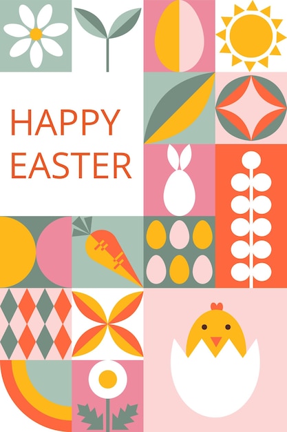 Colorful festive card for Happy Easter with geometric shapes in Bauhaus style