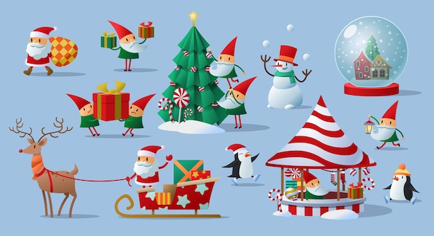 Colorata collezione festiva di babbo natale e i suoi elfi che svolgono diverse attività associate alle festività natalizie su uno sfondo blu fresco, illustrazione vettoriale