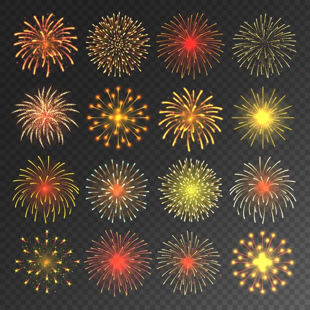 Vettore collezione di fuochi d'artificio festivi colorati fuochi d'artificio gialli realistici fuoco scintillante esplosione esplosione