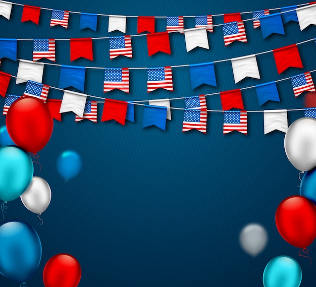 Colorful festive garlands of usa flags and air balloons. american independence and patriot day